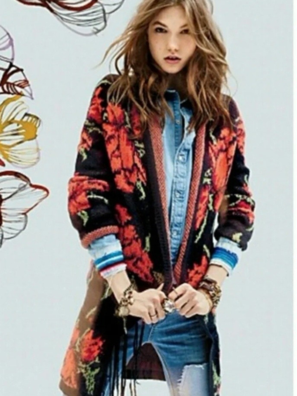 Free People Flower Power Floral Cardigan Sweater Black Orange Sz S Boho Cozy FP